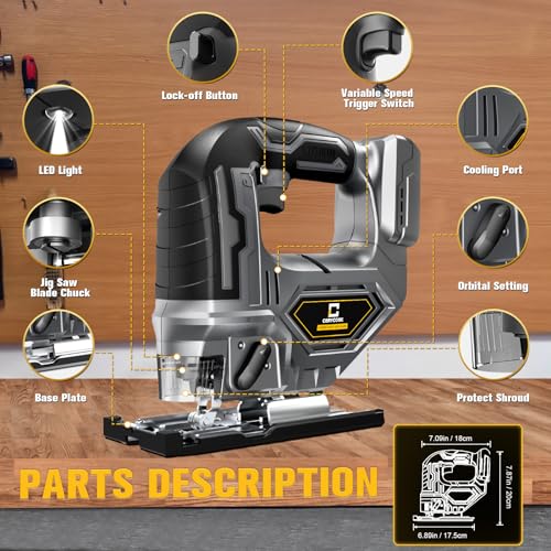 Cordless Jig Saw for Dewalt 18v 20v Max Battery, Jigsaw Tool Brushless,Variable Speed 2900 RPM, Bevel Angle (0°-45°), 3 Orbital Action, LED Light for Cerycose