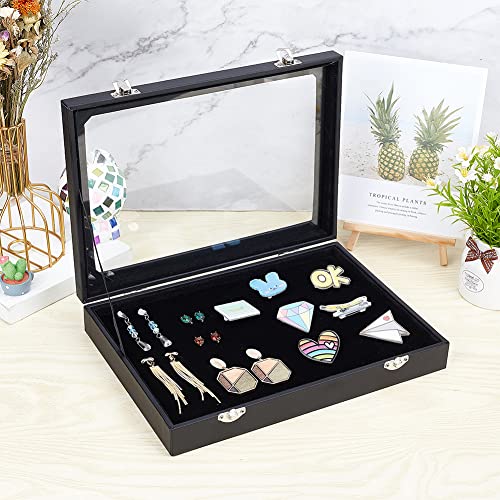NBEADS Black Velvet Pin Display Case, 11x7.8x1.9 Inch Wall Hanging Brooch Jewelry Storage Case Wooden Presentation Boxes with Glass Window and NBEADS