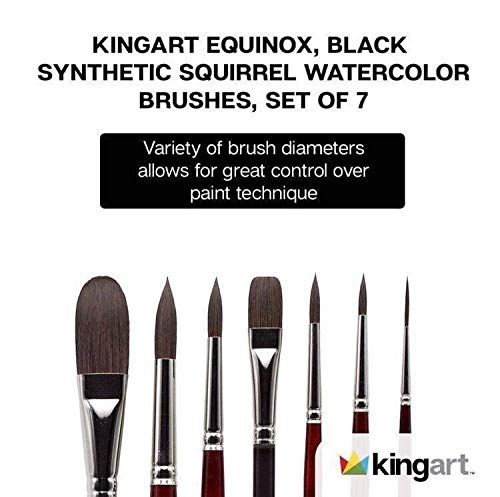 KINGART 1060A Premium 7 Pc. Equinox Series Watercolor Artist Brush Set, Soft Synthetic Black Kazan Squirrel, Curated Shapes and Sizes, Short Handle, KINGART