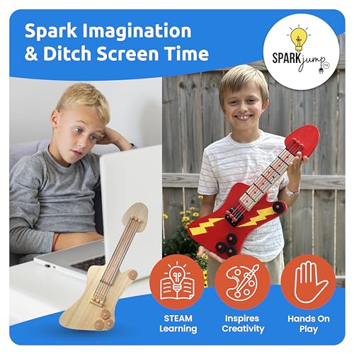 SparkJump DIY Guitar Wooden Building Kit: STEM Kits for Kids Age 8-10 - Wood Crafts for Kids Ages 4-8 and Up, Building Kits for Creative Play and SparkJump