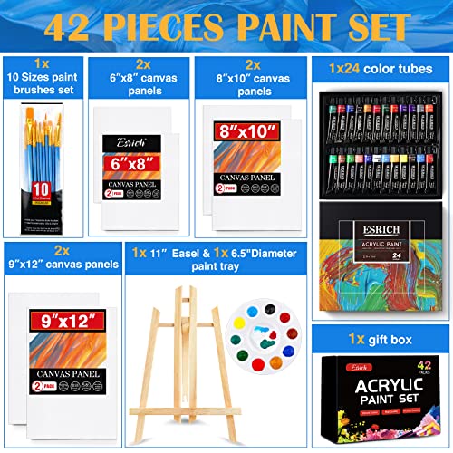 ESRICH Acrylic Paint Canvas Set,42 Piece Professional Premium Paint Kit with 1 Wood Easel,24Colors,10 Brushes,6 Canvases, Painting Supplies Kit for ESRICH