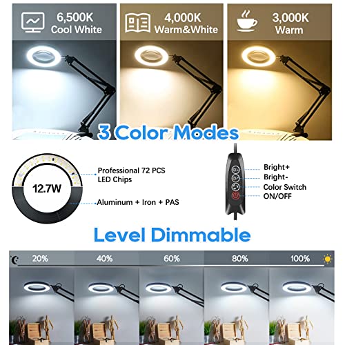10X Magnifying Glass Lamp, Adjustable Swing Arm 72 LEDs Real Glass Lens Magnifier Light,3 Color Modes 10 Stepless Dimmable,Perfect for Daily Baoomalongly