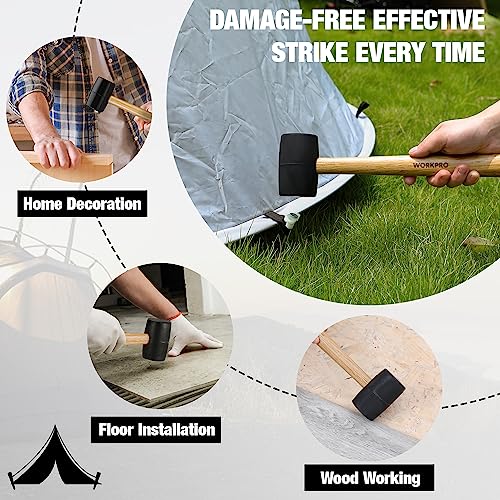 WORKPRO Tent Stakes and Hammer Set, 16oz Rubber Mallet Hammer, Wooden Handle, 10PC Heavy Duty Metal Tent Stakes and Storage Bag, DIY Woodworking, WORKPRO