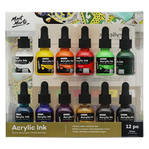 Mont Marte Acrylic Ink Premium 12pc x 20ml (0.7 US fl.oz), Acrylic Inks for Artists, Essential Colors, Ideal for Air Brush, Pouring Art, MONT MARTE