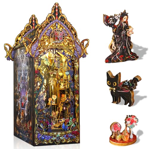 DIY Book Nook Kit Castle Miniature Dollhouse Kit, Magic Castle Bookshelf Insert Decor with Sensor LED Light, Bookend Building Set Hobbies 3D Wooden Hallisun