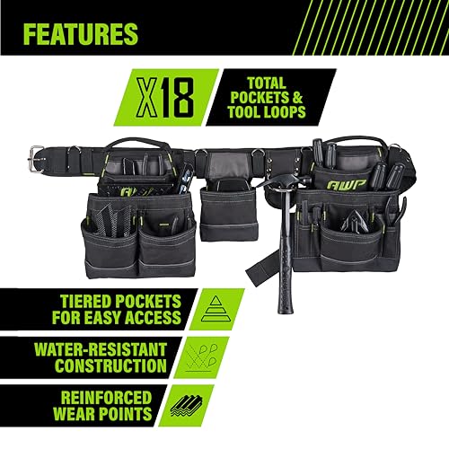 AWP Carpenter Tool Rig with Carry Handles, Premium Tool Belt, Air-Mesh Padded Belt Fits Waists Up to 50 Inches,Black AWP
