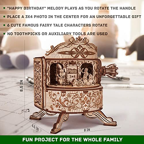 Wood Trick Fairy Theater Happy Birthday Wooden Music Box Kit - w/Fairy Characters - Hand Crank - 3D Wooden Puzzle for Adults and Kids to Build - DIY Wood Trick