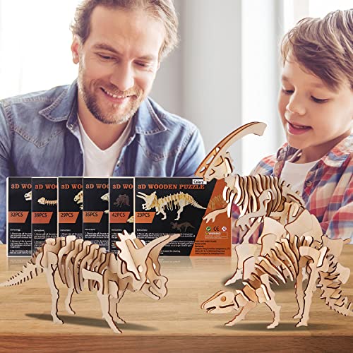 Calary 3D Wooden Dinosaur Puzzle Set – DIY Animal Assembly Model for Kids and Adults (Set of 6) calary