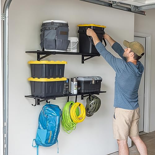 StoreYourBoard 2 Pack Heavy Duty Garage Wall Shelves, 1' x 4' Wall Mount Storage Shelf with Hooks, Holds 200 lbs Each StoreYourBoard