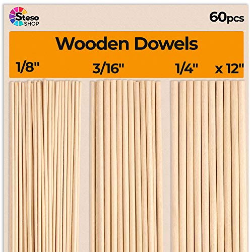 Wooden Dowel Rods for Craft - 60 pcs Round Wood Dowels 12 inch in Varying Sizes - 1/8, 3/16, 1/4 - Different Rods - Craft Sticks Round Dowels⊠StesoSHOP
