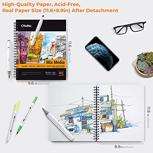 Ohuhu Mixed Media Paper Pad: 11.6"x9.6" Mix Media Sketchbooks, 120 LB/200 GSM Heavyweight Papers, 62 Sheets/124 Pages, Spiral Bound Mixed Media Art Ohuhu