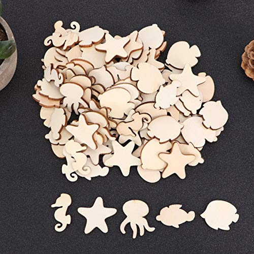 Amosfun 100pcs Unfinished Wood Cutouts Sea Animal Star Fish Shaped Wood Pieces for Kids DIY Art Craft Home Decoration (Random Pattern) Amosfun
