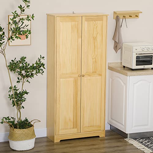 HOMCOM 67" Pinewood Kitchen Pantry Storage Cabinet, Freestanding Cabinets with Doors and Shelf Adjustability, Soft-Close Mechanism, Living Room & HOMCOM