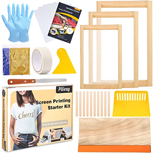 Pllieay 26Pcs Screen Printing Starter kit, 3 Different Size Wood Silk Screen Printing Frames with 110 Mesh, Screen Printing Squeegees, Inkjet Pllieay