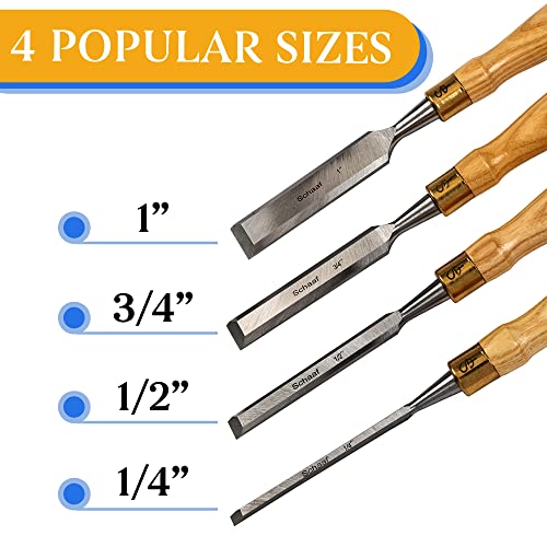 Schaaf Tools 4-Piece Wood Chisel Set | Finely Crafted Wood Chisels for Woodworking | Durable Cr-V Steel Bevel Edged Blade, Tempered to 60HRc | Tool Schaaf Wood Carving Tools