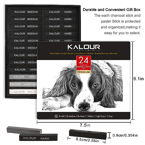 KALOUR 24 Pro Charcoal Drawing Set - Soft,Medium,Hard Charcoal and White Charcoal - Charcol Sticks for Drawing Sketching Shading - Art Supplies Gift KALOUR
