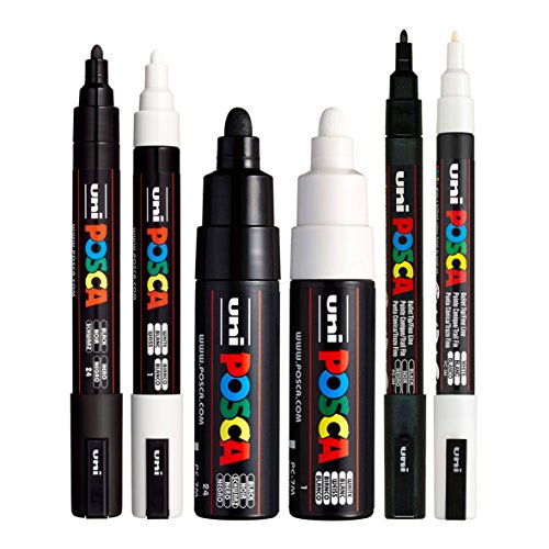 POSCA Black & White Bullet Tip - Set of 6 Pens (PC-5M, PC-7M, PC-3M) posca