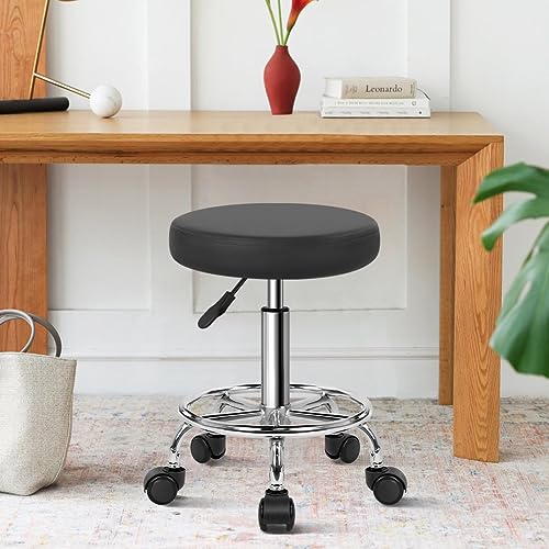 WKWKER Round Rolling Stool with Footrest PU Leather Height Adjustable 360° Swivel Stool with Wheels Office Stool Chair Home Drafting Work Studio Shop WKWKER