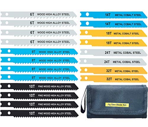 20-Piece Universal Jig Saw Blade Set for Wood,Plastic and Metal Cutting with Tool Bag Universal Design fits All Name Brand and Import jig saws Autsmal