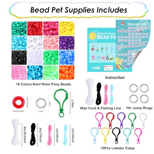 Happy makers Bead Pets, Pony Beads Kit Multicolor Pony Beads Animals Keychain Making Kit with Instruction, Keyring & Key Clasp, Ultimate Bead Pets Happy makers
