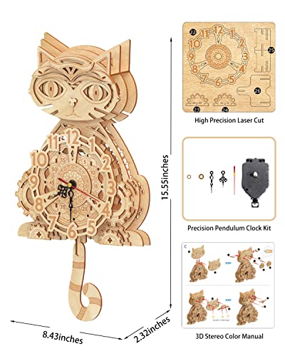 Wooden 3D Puzzles for Adults Model kit Cat Clock Kids Wall Clock Decor for Birthday Gift/Christmas Day Jigtoy