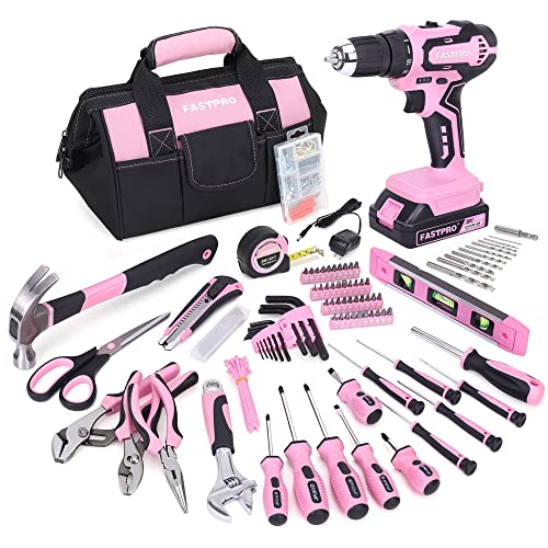 FASTPRO 232-Piece 20V Pink Cordless Lithium-ion Drill Driver and Home Tool Set, Lady's Repairing Kit with 12-Inch Wide Mouth Open Storage Bag FASTPRO