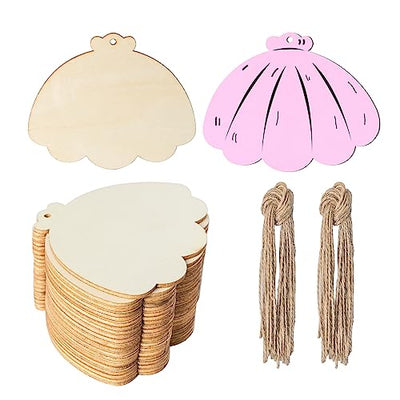 Unfinished Seashell Wood Wooden Tag Hanging Wood Cutout Blank Wood Slices Wooden Gift Tags with Twine for Beach & Nautical Decor Christmas Holiday