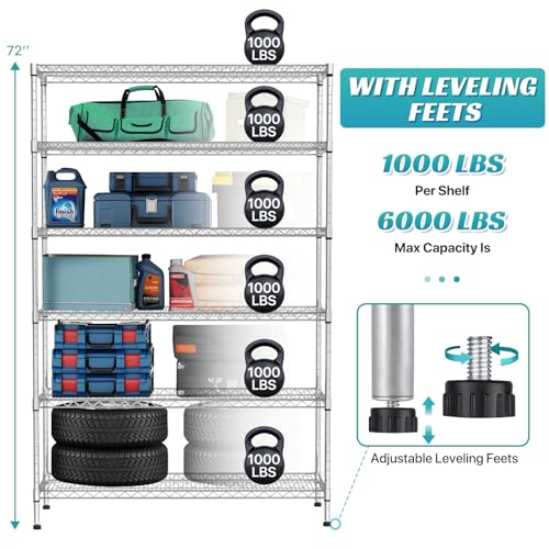 YRLLENSDAN 6000Lbs Capacity Adjustable Storage Shelves Heavy Duty Shelving Unit 6 Tier Metal Shelving with Wheels NSF Wire Shelving (48" W x 18" D x YRLLENSDAN