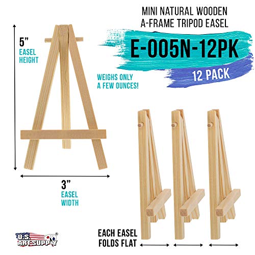 U.S. Art Supply 5" Mini Natural Wood Display Easel (Pack of 12), A-Frame Artist Painting Party Tripod Easel - Tabletop Holder Stand for Small US Art Supply