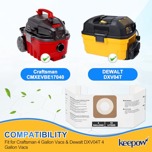 KEEPOW Shop Vac Bags Compatible with Craftsman 4 Gallon Wet/Dry Vacuum & for Dewalt DXV04T 4 Gallon Vac, shop vac accessories, Replacement Part# - WoodArtSupply