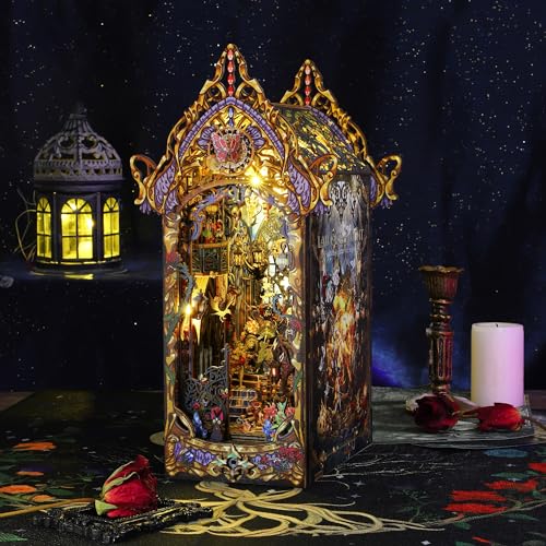 DIY Book Nook Kit Castle Miniature Dollhouse Kit, Magic Castle Bookshelf Insert Decor with Sensor LED Light, Bookend Building Set Hobbies 3D Wooden Hallisun