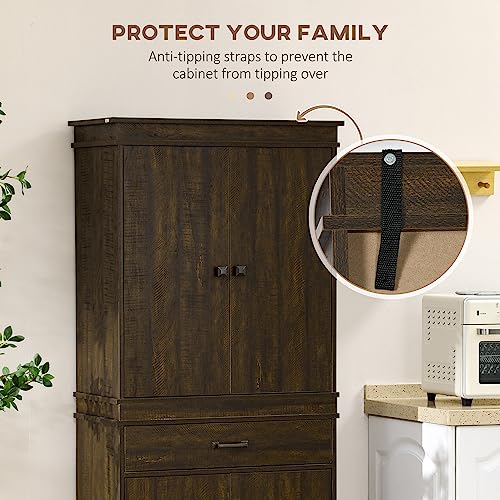 HOMCOM 72" Farmhouse Kitchen Pantry, 4-Door Rustic Storage Cabinet with Drawer and 3 Shelves, Walnut HOMCOM