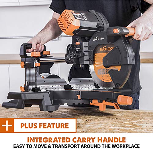 Evolution Power Tools R255SMS-DB+ 10-Inch Dual Bevel Sliding Miter Saw Multi-Material, Multipurpose Cutting Cuts Metal, Plastic, Wood 45˚-45˚ Double Evolution