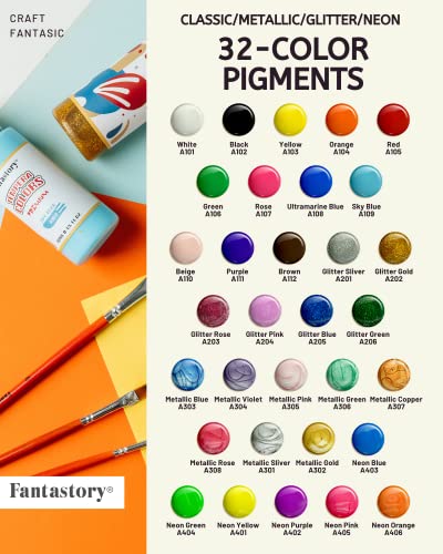 fantastory Tempera Paint for Kids 32 Colors (2 oz Each) Washable Tempera Paint, Kids Poster Paint Sponge Painting, Non-Toxic Kids Paint Finger Paints Fantastory