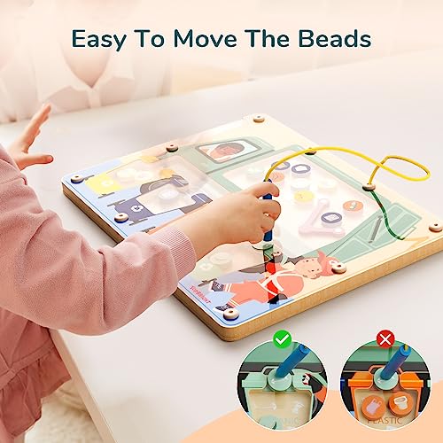 TOP BRIGHT Wooden Magnetic Wand Maze Board for 3 4 5 Years Old, Wooden Activity Board, Learning Color Recognition Magnetic Beads Fidget Toys for Kids TOP BRIGHT