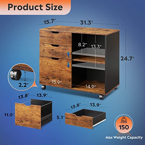 DEVAISE 3-Drawer Wood File Cabinet, Mobile Lateral Filing Cabinet, Printer Stand with Open Storage Shelves for Home Office, Rustic Brown DEVAISE