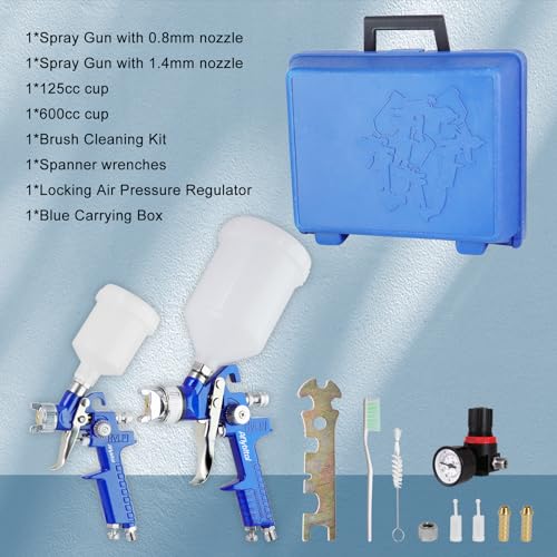 HVLP Air Gravity Spray Gun Set, Aflybltol 2 Pcs Sprayer Paint Gun Kit,1.4mm 600ml&0.8mm 125ml Automotive Paint Gun with Locking Air Pressure Aflybltol
