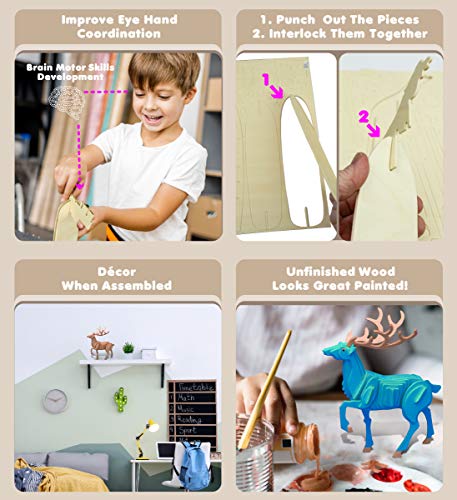 Puzzled 3D Puzzle Deer Wood Craft Construction Model Kit, Fun, Unique & Educational DIY Wooden Toy Assemble Model Unfinished Crafting Hobby Puzzle to Puzzled