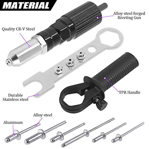Swpeet 211Pcs Black Alloy Steel Electric Rivet Gun Adapter Kit, Including 2.4/3.2/4.0/4.8mm Diameter Rivet Head and Handle Wrench with 500Pcs Swpeet