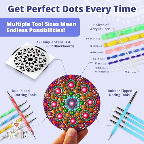 Complete Beginner's Mandala Painting 48 Piece Kit with Acrylic Paints, Reusable Stencils and Dotting Tools. Fun Rock Art & DIY Craft Project. Starter XOXO CraftN
