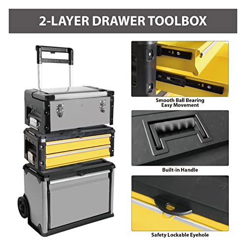 BIG RED Stackable Rolling Tool Box Portable Metal Toolbox Organizer with Wheels and 2 Drawers Separate Rolling Upright Trolley Tool Chest for Garage BIG RED