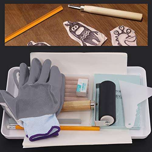 Rustark 24 Pieces Block Printing Starter Tool Kit with Whetstone, Stamp Block, Carving Tools, Tracing Papers,Pencil, Gloves,Eraser and Scrapper, Rustark