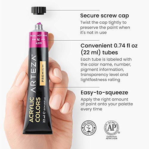 ARTEZA Metallic Acrylic Paint, Set of 36 Colors, 0.74 oz/22 ml Tubes with Storage Box, Rich Pigments, Non Fading, Non Toxic Paints for Artist & Hobby ARTEZA