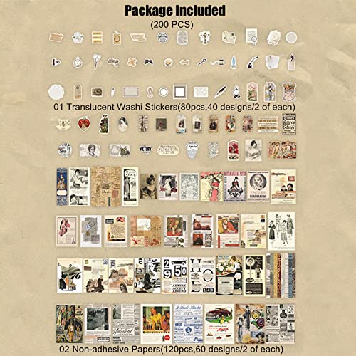 200 Pieces Vintage Ephemera Scrapbooking Supplies Pack for Journaling, Decoupage Paper Scrapbook Stickers Kit for Bullet Junk Journal Planners Esweny