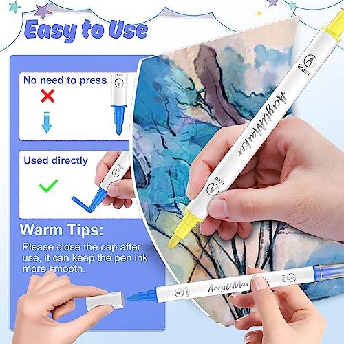 Banral 48 Colors Acrylic Paint Pens Markers, Dual Tip with Medium Tip and Brush Tip Paint Pens for Rock Painting, Stone, Wood, Calligraphy, Canvas, Banral