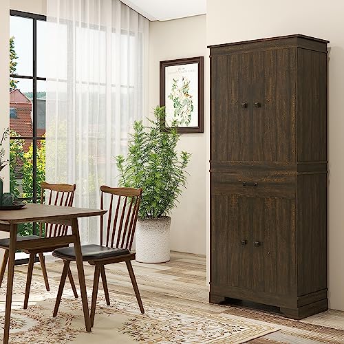 HOMCOM 72" Farmhouse Kitchen Pantry, 4-Door Rustic Storage Cabinet with Drawer and 3 Shelves, Walnut HOMCOM