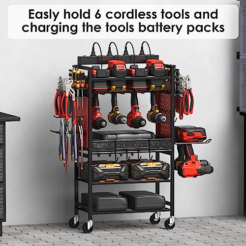 CCCEI Power Tool Organizer Cart with Charging Station, Garage Floor Rolling Storage Cart on Wheels for Mechanic, Mobile 6 Drill, Tool Box Utility CCCEI