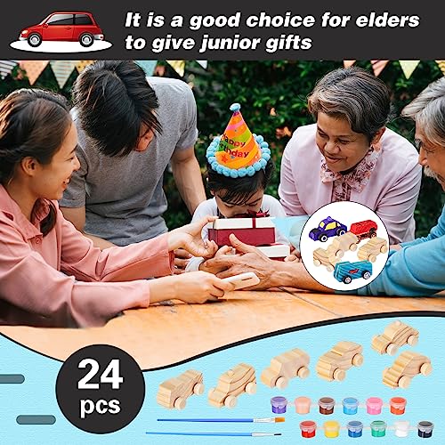 Lenwen 24 Pcs Wood DIY Car Toys for Party Unfinished Wooden Cars, Wooden Toy Cars Wooden Crafts with 12 Color Acrylic Paint for Students Girls Boys Lenwen