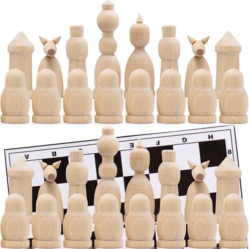 Unfinished Wood Chess Pieces with Vinyl Chess Board - Paint Your Own Chess Set - Blank Chess Sets DIY Arts and Crafts - Chess Gifts for Chess Players AEVVV