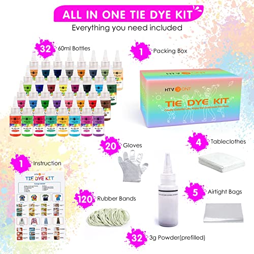 HTVRONT Tie Dye Kit - 32 Vibrant Colors Pre-Filled Bottles Tyedyedye Kit, Permanent Non-Toxic for Large Groups Kids Adults,Tye Fabric Textile HTVRONT